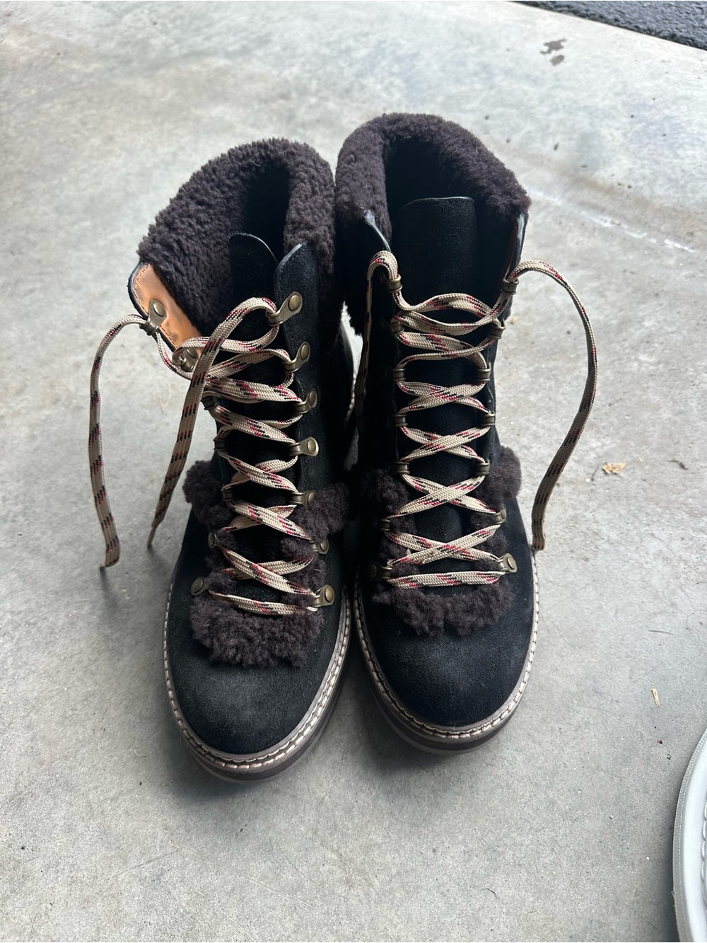 See By Chloe Black Suede Sherpa-Lined Lace-Up Winter Boots